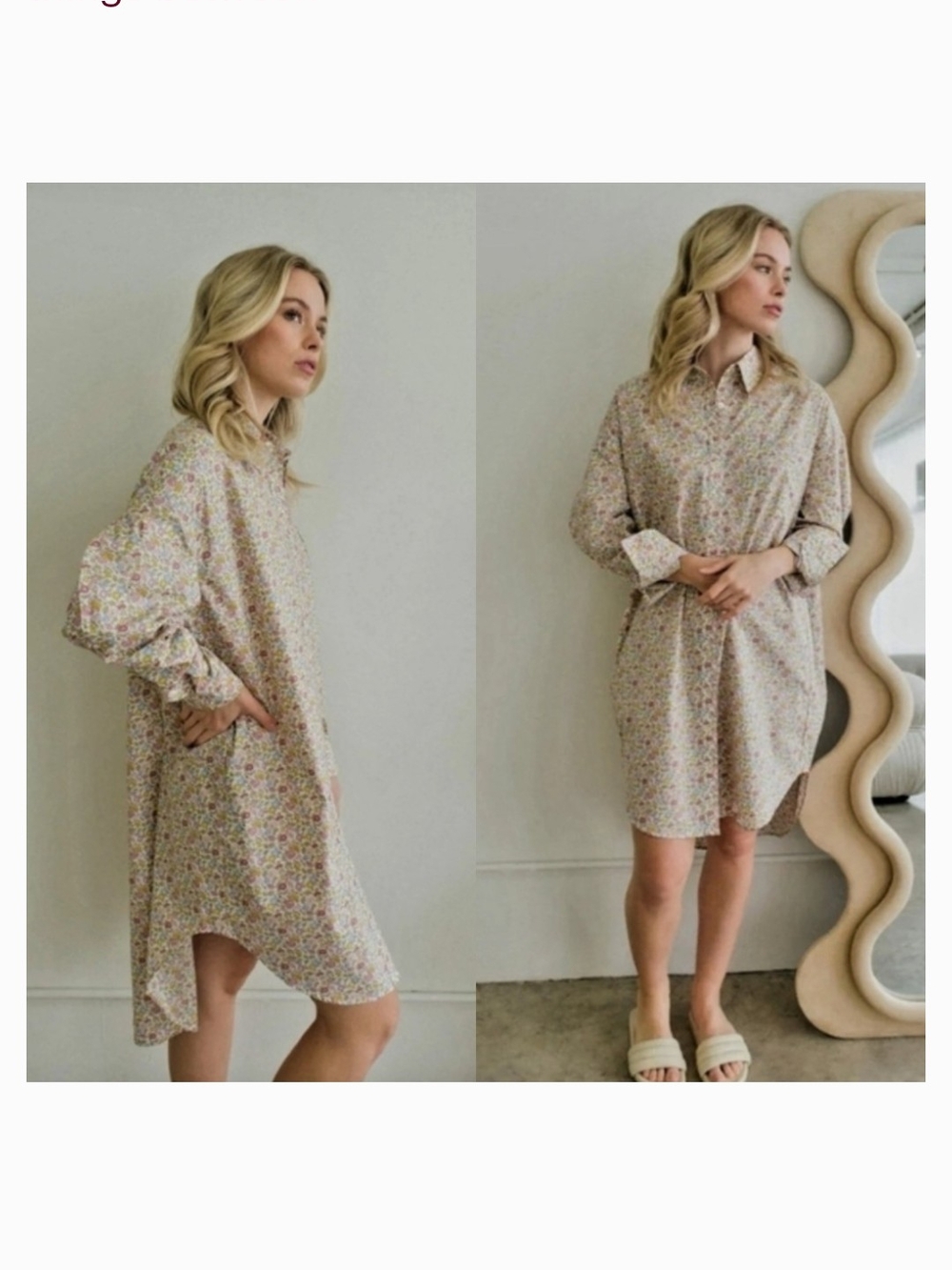 Things Between 100% Cotton Floral Button-Down Shirt Dress in Light Beige